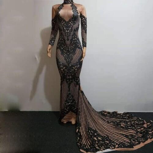 Singer Costume Evening Party Long Sleeve Crystals Black Long Trailing Stretch Dress Birthday Celebrate Dresses Stage Wear DT1183