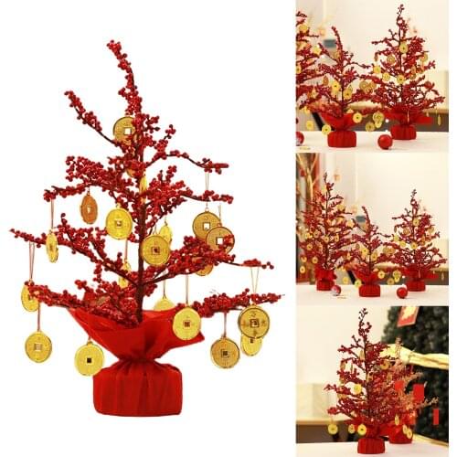 Red Feng Shui Money Tree Plastic Beads Bonsai Style Money Tree Lucky Tree with Wealth Coins for Tabletop Decor Home Office Store
