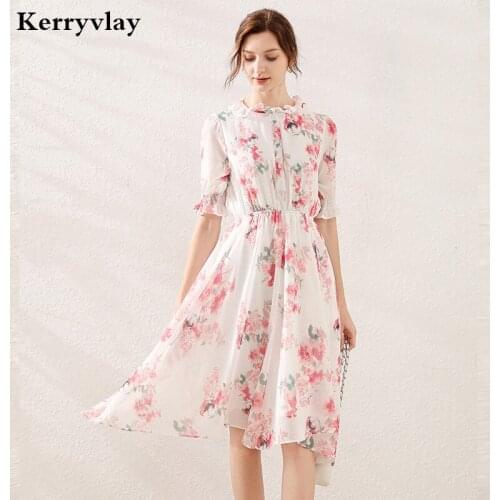 Summer Floral Printed Chiffon Dress Vestidos Verano 2021 Mujer Ruffled Elastic Waist Irregular Korean Dress Sukienki K6347