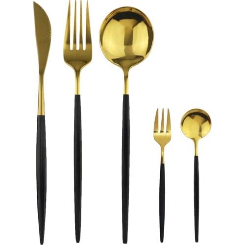 5Pcs Black Gold Dinnerware Set Knife Fork Spoon Flatware Set Stainless Steel Tableware Set Kitchen Cutlery Fruit Fork Silverware