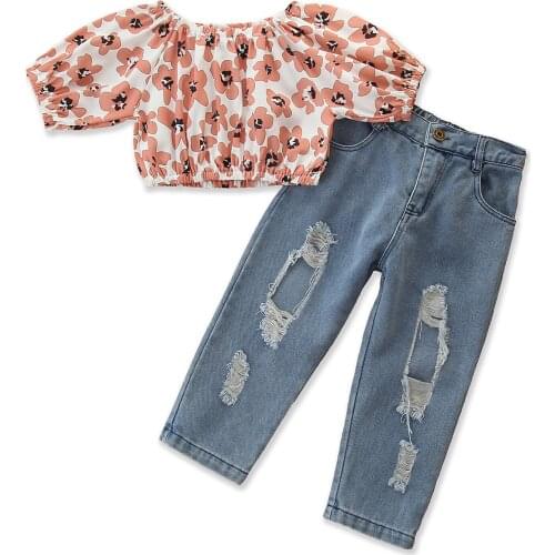 New Infant Kids Baby Off-shoulder Short Sleeve Crop Tops Shirt + Jeans, Flower Print, Ripped Design Summer Clothing 1-6T