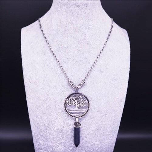 Blue Sand Stone Stainless Steel Crystal Hexagonal Bullet Reiki Point Chakra Tree of Life Long Necklace Jewelry sieraden N70S04