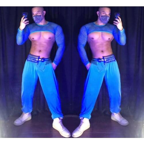 Sexy Mens Dancing Wear Muscle Man Gogo Jazz Pole Dance Nightclub Performance Stage Costume Blue Tops Pants Rave Outfit VDB4028