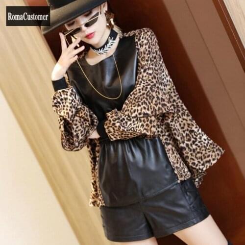 Shirt Womens 2021 Autumn New Sheepskin Genuine Leather Spliced Leopard Flare Sleeve Female Korean O-Neck Elegant Casual Blouse