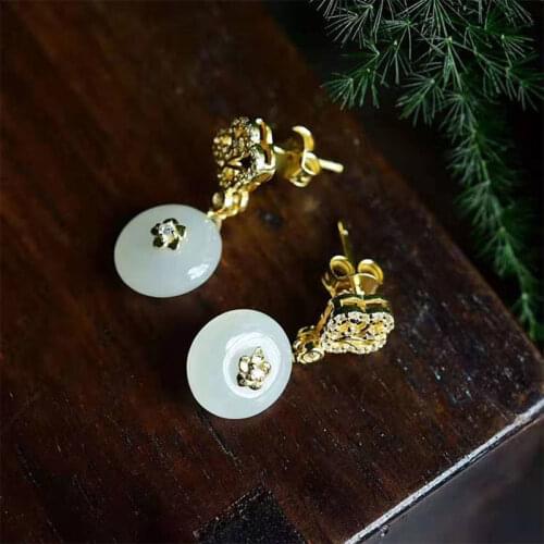 Ancient Gold White Jade White Jade Chinese Style Retro Classical Court Style Earrings Pattern Carved Ornament