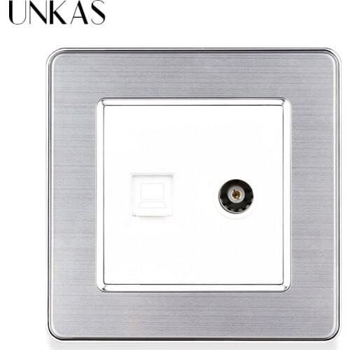 UNKAS Luxury Stainless Steel Panel RJ45 Internet Computer Jack With TV Port Wall Socket 86MM * 86MM Weak Electricity Outlet