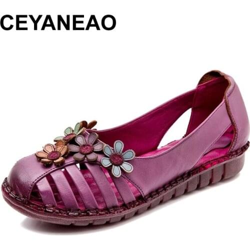 CEYANEAO 2021Recommend Ethnic Style Big Size 42 43 Genuine Leather Women Shoes Hollow Flower Breathable Woman Flats