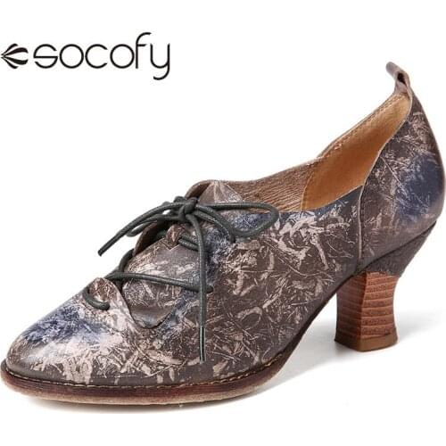 SOCOFY Retro High Heel Pointed Genuine Leather Lace Up Slip On Pumps Women Round Toe Party Holiday Shoes Botas Mujer 2020