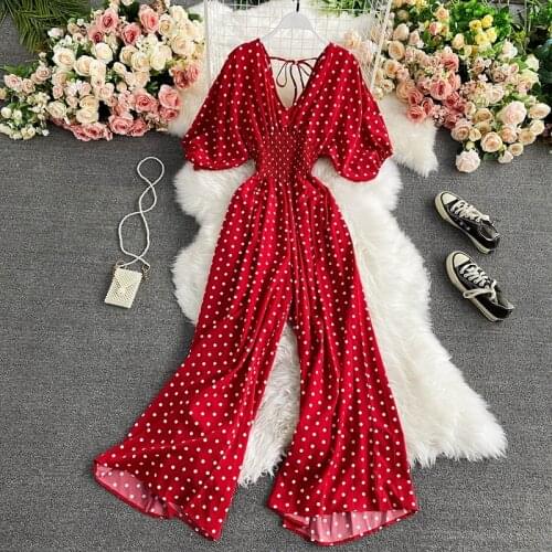 Sexy V Neck Jumpsuit Women Batwing Sleeve Polka Dot Print Jumpsuits Fashion Wide Leg Rompers Beach Red Black One Piece Overalls