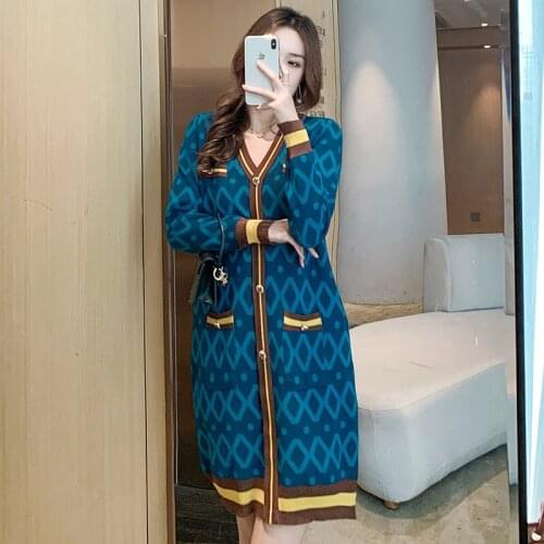 Autumn Runway Womens Clothes Knitted Plaid Stripe Patchwork Elegant V Neck Warm Sweater Vintages Slim Dress Female Vestidoes