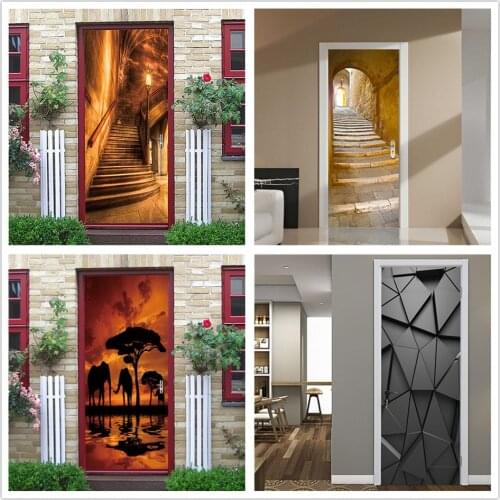 2PCS/SET 3D View Stair Door Wallpaper Self-adhesive Waterproof Posters DIY Vinyl Wall Sticker Mural Decals Home Decor deurposter