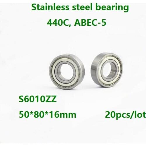 20pcs/lot S6010ZZ 50*80*16mm ABEC-5 Stainless steel bearing Double metal shielded cover Deep Groove Ball bearing 440C