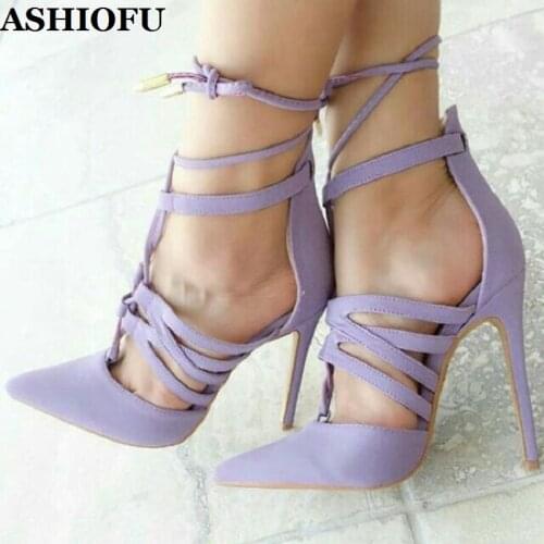 ASHIOFU Handmade Ladies High Heel Pumps Crosscriss Straps Party Prom Dress Shoes Foux-suede Evening Fashion Court Shoes