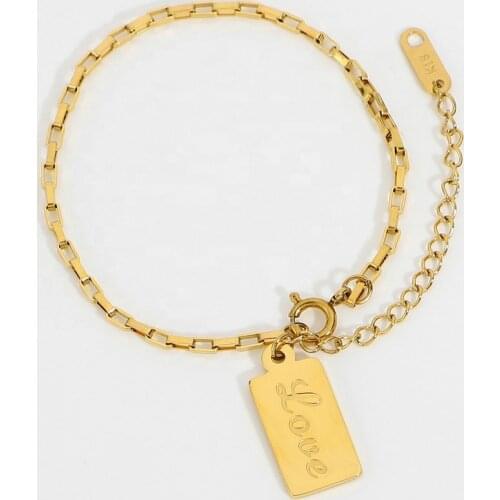 Chic French Gold Rectangle Love Signet Charm Bracelet For Women Gold Plated Stainless Steel Link Chain Bracelet