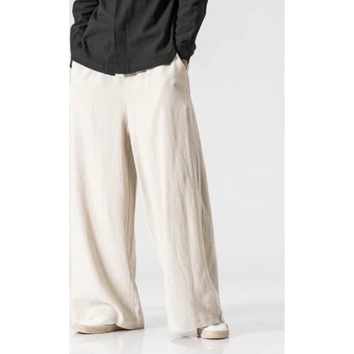New Cotton Linen Extra Wide Leg Pants Men Chinese Style Male Fashion Loose Comfortable Trousers Solid Drawstring Harem Pants
