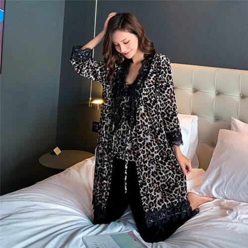 Home service new arrival gold velvet pajamas with chest pads women autumn winter sexy leopard 3PCS lace bathrobe gowns pijamas