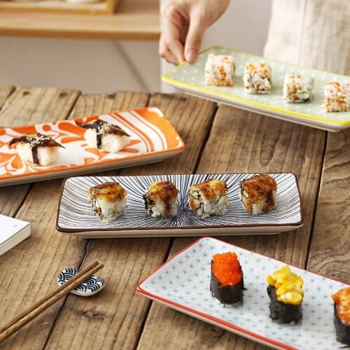 10 Inch Ceramic Sushi Flat Plate Japanese Style Underglaze Rectangular Dessert Porcelain Tableware Dinner Dish