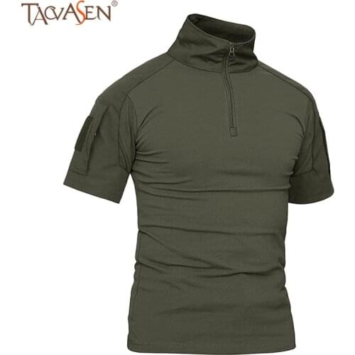 TACVASEN Army T-Shirt Men Military Tactical Short Sleeve Tops 1/4 Front Zip Airsoft Work Tee Shirt Outdoor Hiking Combat T Shirt