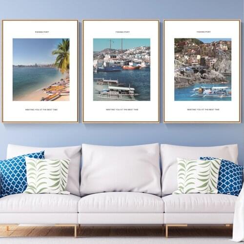 Mediterranean Seascape White Blue Building Poster Canvas Print Painting Wall Art Living Room Home Decoration