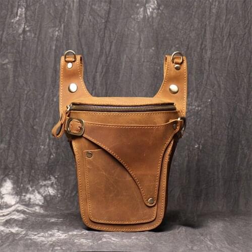 Men Crazy Horse Leather Motorcycle Belt Bag Mens Genuine Leather Waist Packs Male Vintage Hip Bum Waist Bag Running Bag