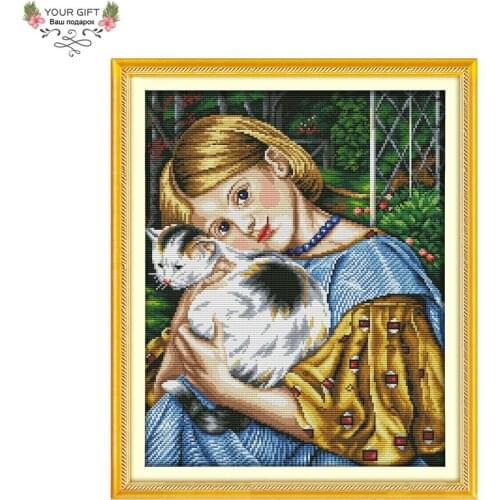 Joy Sunday R646(3) Free Shipping 14CT 11CT Counted and Stamped Home Decoration Girl And Cat Embroidery Cross Stitch kits