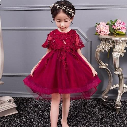 2018 Summer New Lace Flower Dress For Baby Girl Gown Birthday Party Outfits high grade Kids clothes Children Wedding Dress Red