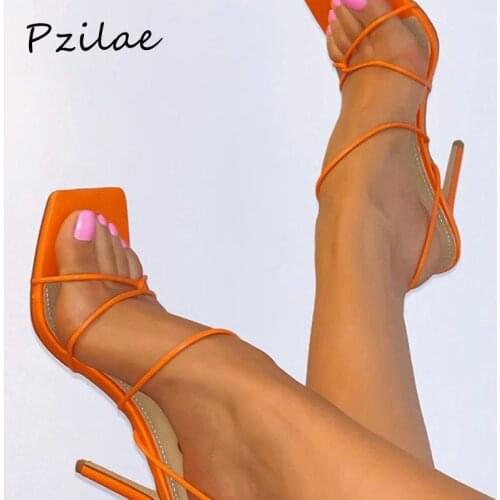 Pzilae Square toe high heels sandals women narrow band ankle strap summer sandals shoes women 2021 female sexy party dress shoes