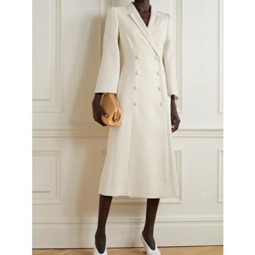 Early Autumn White Suit Coats Women New Slim Elegant Special Flare Sleeve Double Breasted Back Pleated Splitted Long Suits Dress