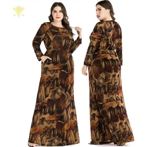 Plus Size 6XL Abayas Muslim Dress Womens Summer Autumn Long Sleeve Retro Print Vintage Maxi Long Skirt Dubai Islamic Clothing