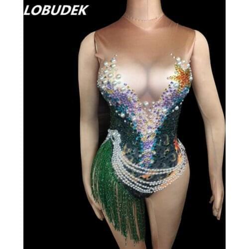 Sexy Peacock pattern Printed Bodysuit Sparkly Crystals Pearls Jumpsuit Bar DJ Women Singer Stage Wear Party Pole dancing Costume