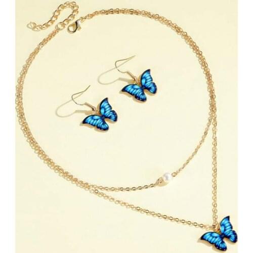 Blue Butterfly Jewelry Sets Necklace Earrings Set For Women Double Layer Pearl Butterfly Pendant Necklace Earrings Jewelry Set