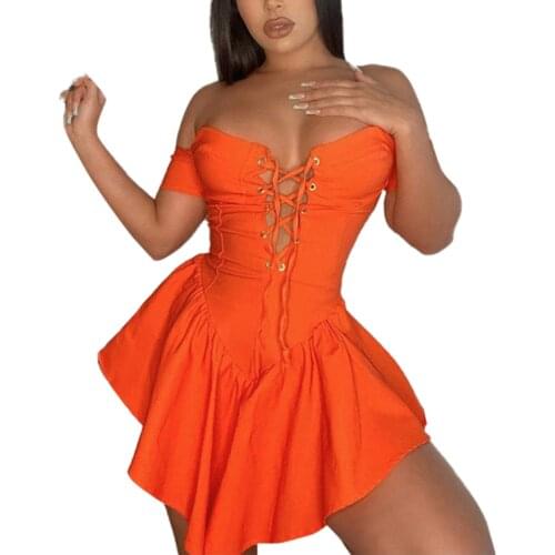 Sexy Off Shoulder Ruffle Dress 2021 Fashion Women Short Sleeve Hollow Out Bandage Solid Bodycon Mini Dress Club Party Dress