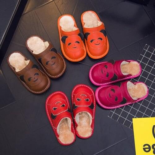 Winter childrens cowhide warm cotton slippers lovely handmade home anti-skid cowhide soles baby cotton shoes boys and girls