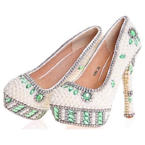 Spring new green rhinestone stiletto round bridal wedding shoes pearl flowers wild large size banquet dress womens single shoes
