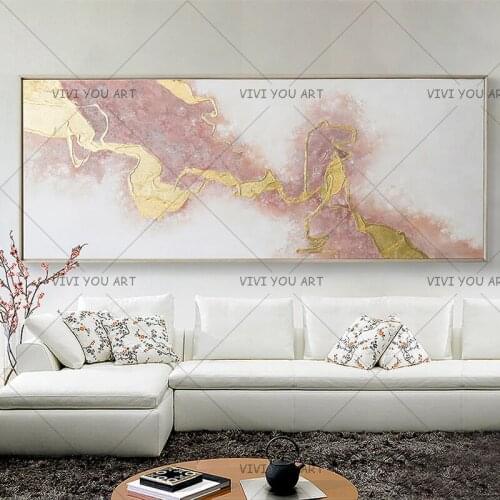 High Quality Artist 100% Handmade Golden Colors Abstract Oil Painting on Canvas Golden Foil Abstract Pink Wall Art Picture