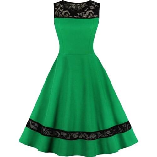 Green Contrast Lace Elegant Office Summer Dress Vintage Clothes Women Party A-Line Sleeveless Casual Pin up Dresses Ropa Mujer