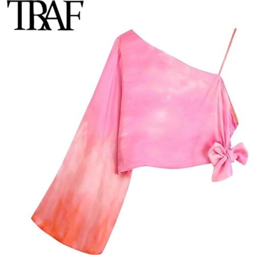 TRAF Women Fashion With Bow Tied Tie-Dye Asymmetric Crop Blouses Vintage Long Sleeve Side Zipper Female Shirts Chic Top