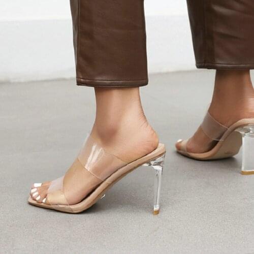 Sianie Tianie 2021 Summer Sexy PVC Clear Heels Transparent Women Sandals Double PVC Band Open Toe Woman Slides Mules Slippers