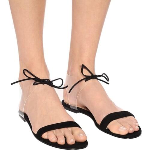 New Style Womens Sandals Large Size 34-46 Black Brown Pvc Transparent Lace-up Flats Sandals Summer Beach Shoes Woman Slides