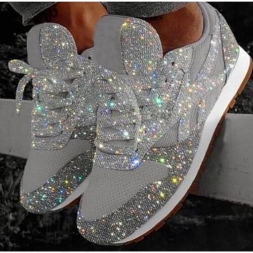 2021 Womens Sequined Glitter Sneakers Casual Lace-up Shoes Sparkling Flat and Casual Shoes for Women Sneakers Zapatos De Mujer