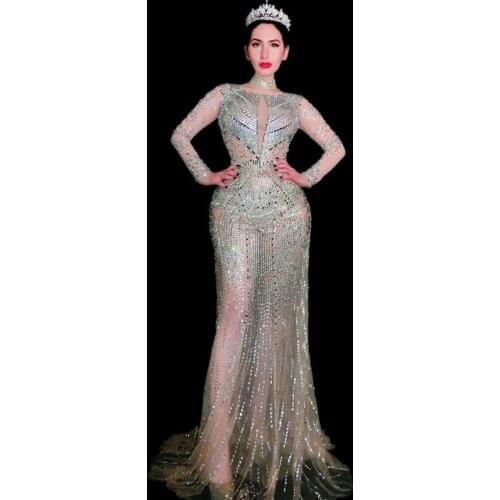 Womens Shining Luxury Sequin Perspective Dress Female Showgirl Performance Costumes Women Elegant Sexy Party Evening Full Dress
