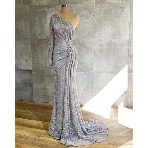 2021 Arabic Silver Mermaid Prom Dresses Sequined One Shoulder Long Sleeve Women Plus Size Formal Evening Gowns