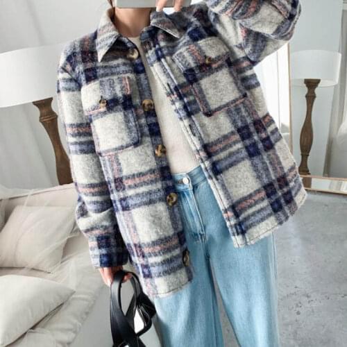 2020 British Style Pattern Shirt Wool Coat Jacket Female single Breasted Wool Coat Women