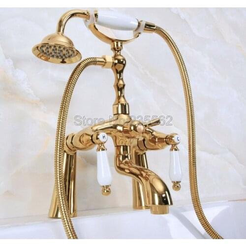 Golden Brass Bathroom Deck Mounted Clawfoot Bathtub Faucet W/ Telephone Style Handheld Shower Head Mixer Tap lna132