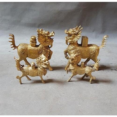10.2" Chinese Copper Feng Shui Carved Beast Statue Pair