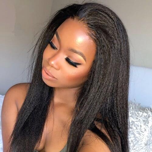 180%Density Glueless 26 Inch Kinky Straight Synthetic Lace Front Wig For Black Women With Baby Hair Preplucked Free Ship Yaki