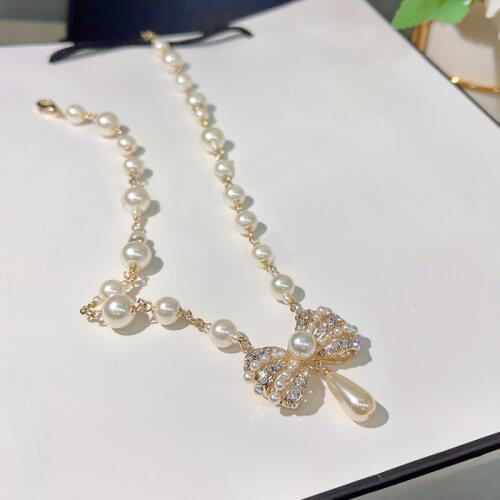 2021 new fashion brand luxury jewelry top quality natural pearl gold necklace sweet bow diamond necklace banquet party jewelry