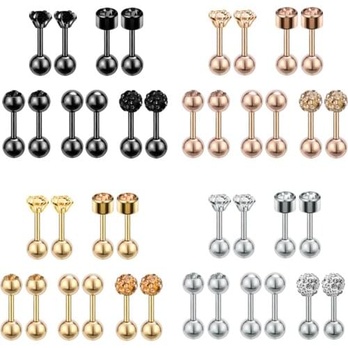 5 pairs/lot Rose Gold Black Ball Cartilage Stud Earrings for Girls Women Stainless Steel Crystal Round Conch Helix Ear Piercing