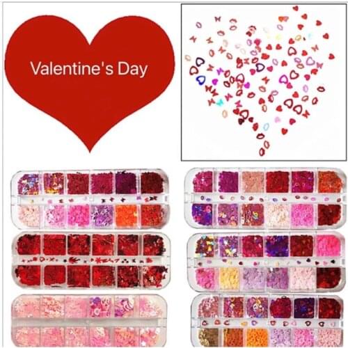 12 Grids/Set Valentine Love Sequins Red Suit,Lips, Mixed Size Nail Glitter Flakes 3D Sequins Nail Art Decoration Manicure Tools