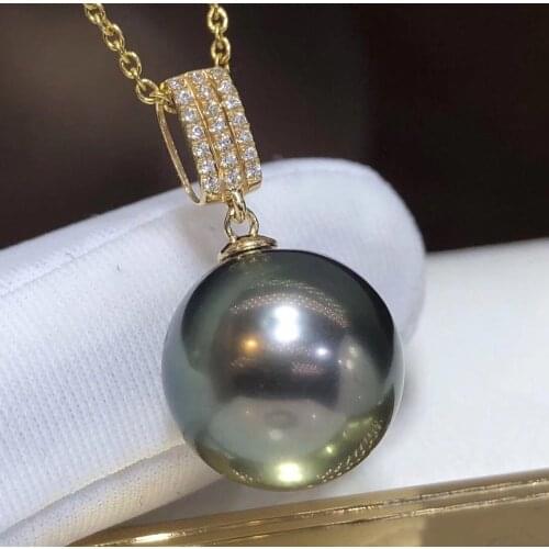 D203 Fine Jewelry 18K Gold Natural Ocean Tahiti Black Pearl 12-11mm Pendants Necklaces for Women FIne Pearls Pendants